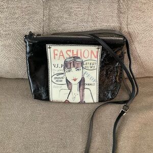 Brighton Black Fashion Print leather  Crossbody Bag